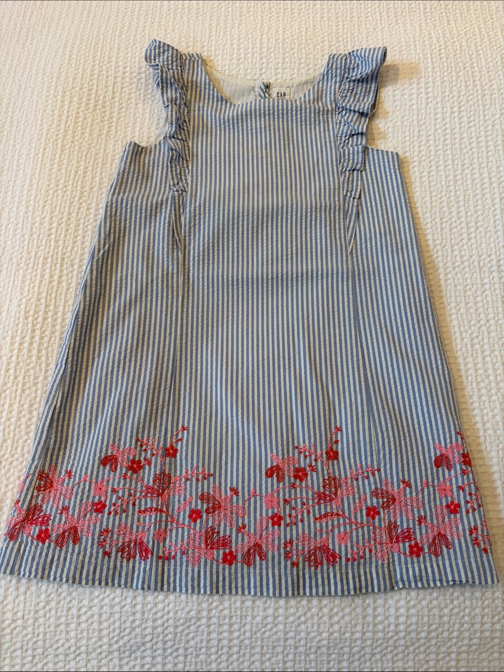 GAP Blue and White Striped Dress with Red Floral Hem